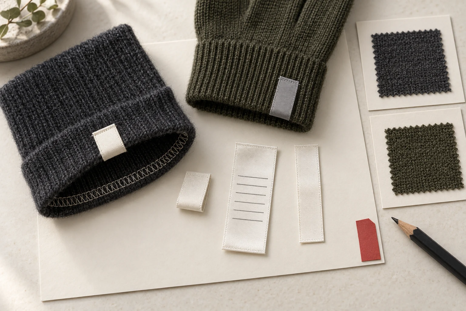 Labels, knit material swatches and placement references prepared for a brand-application brief