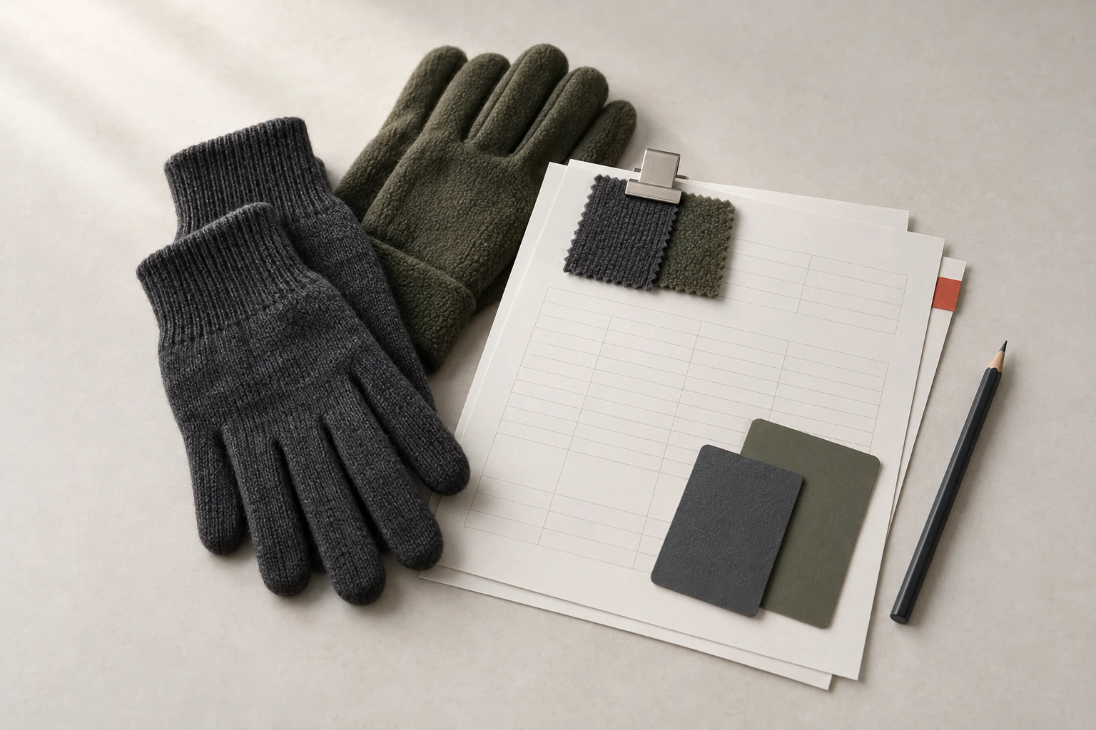 Knit and fleece glove samples with material swatches and blank development records