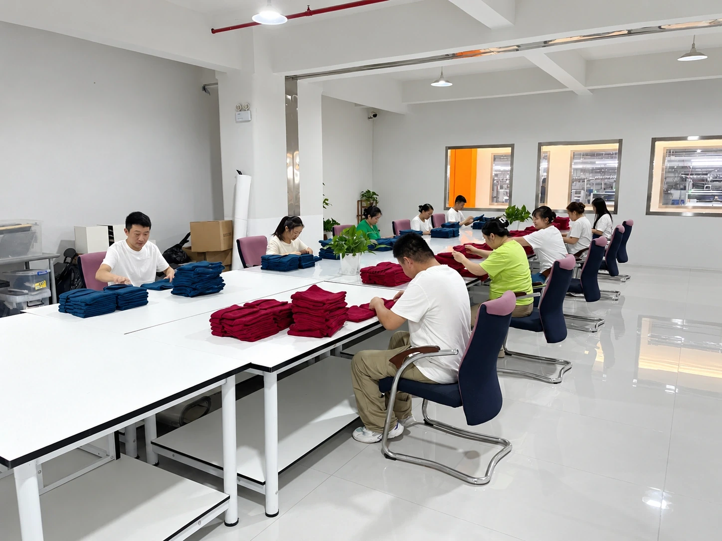 Workers reviewing knitted items at long inspection tables