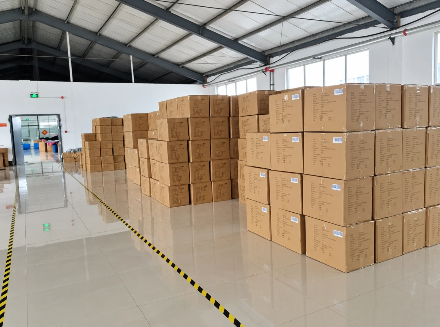 Packed cartons stored in a warehouse