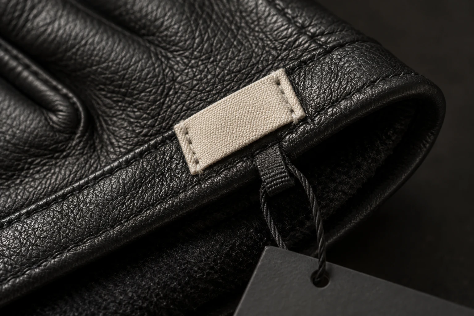 Detail of a leather glove cuff, woven label and hangtag attachment