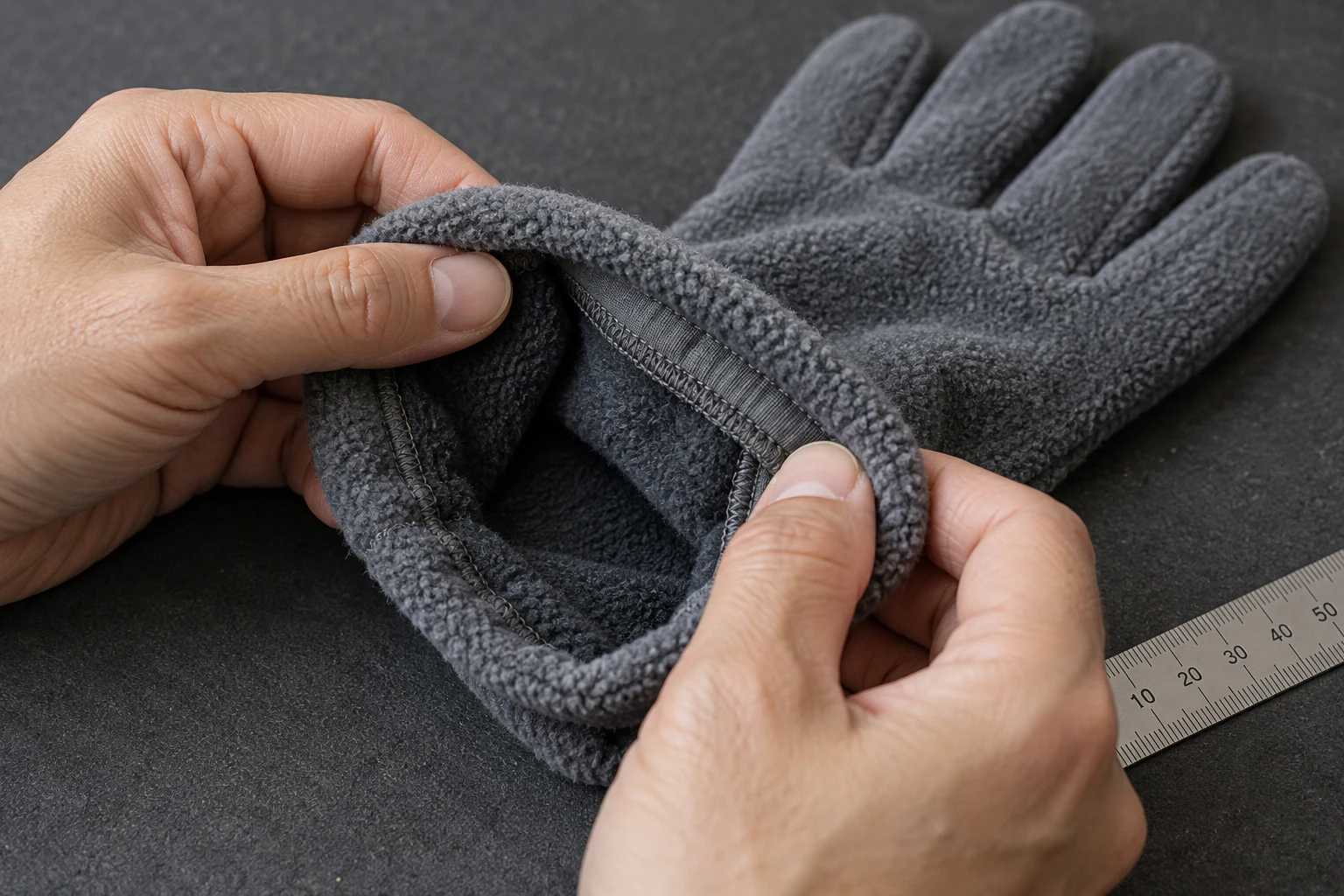 Close view of a fleece glove cuff and internal seam being reviewed