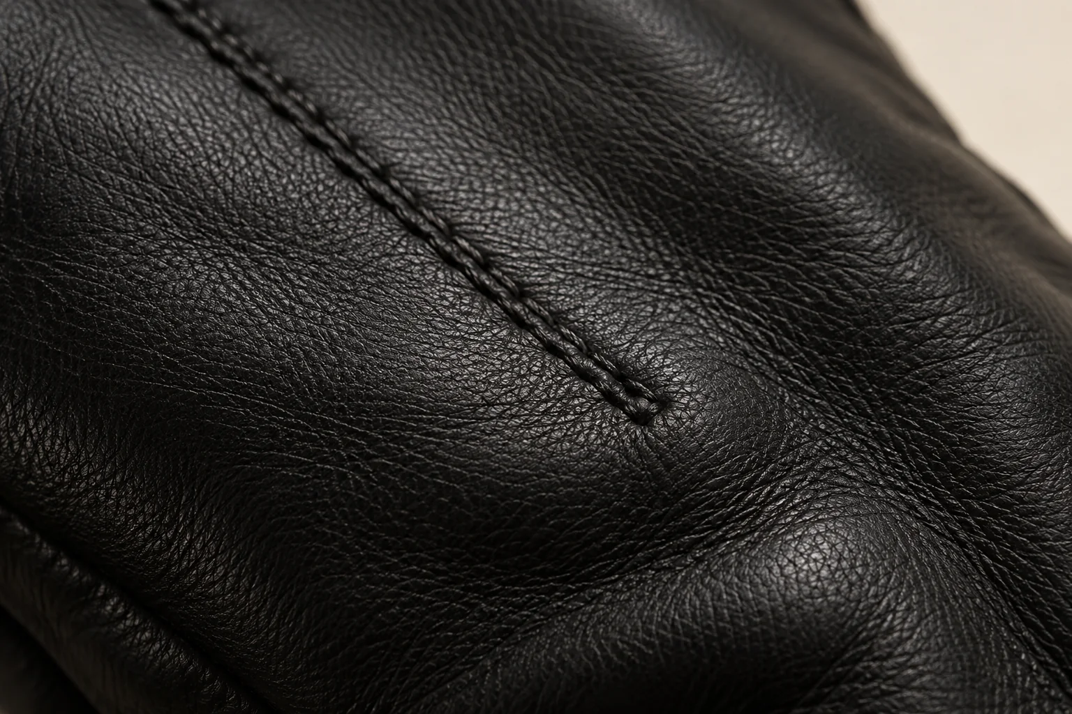 Black soft leather glove: macro on hand-back leather surface, featuring the endpoint of one of the three tonal decorative stitched lines.