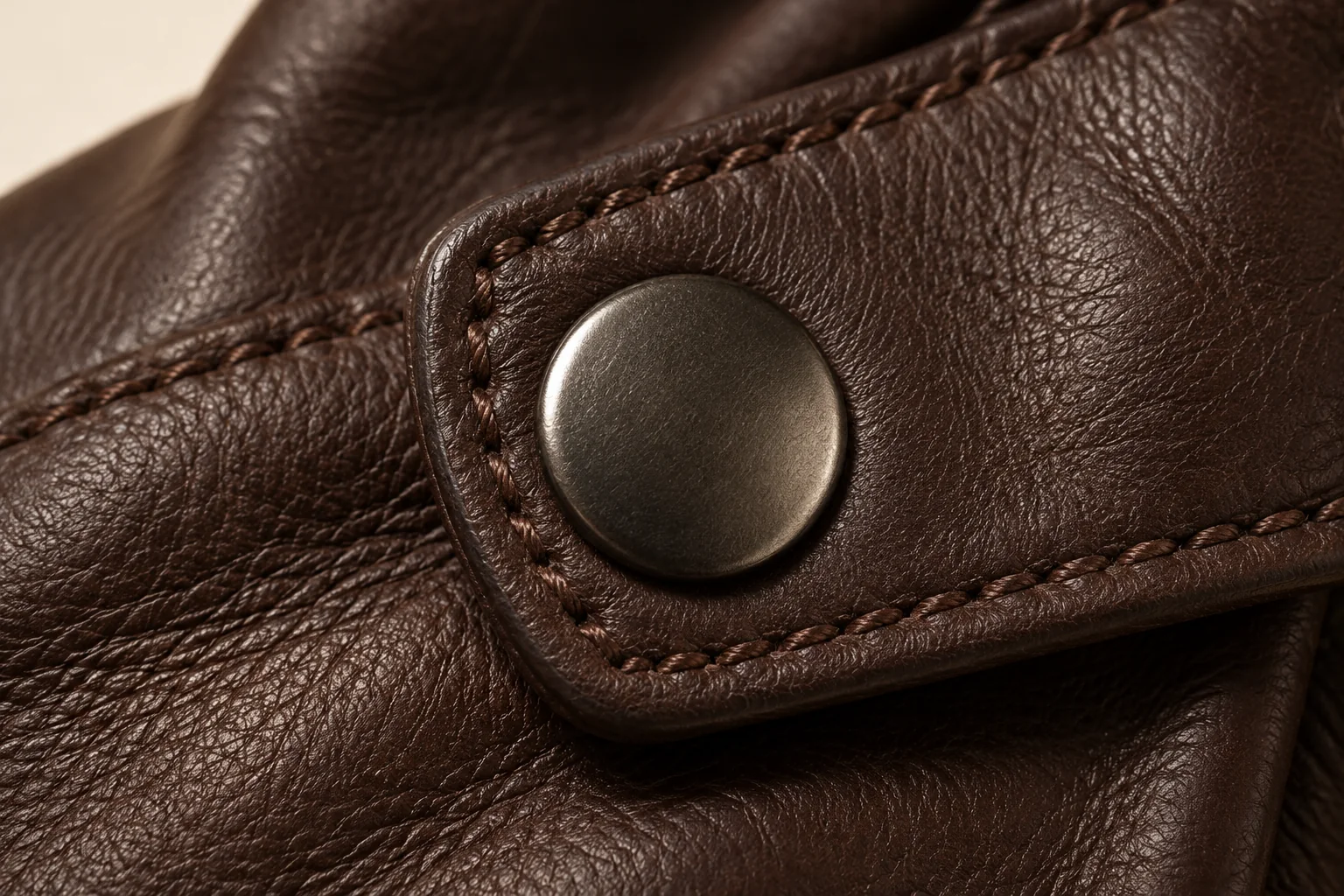Dark chocolate glove: extreme close-up of one small round gunmetal snap mounted on a leather wrist tab.
