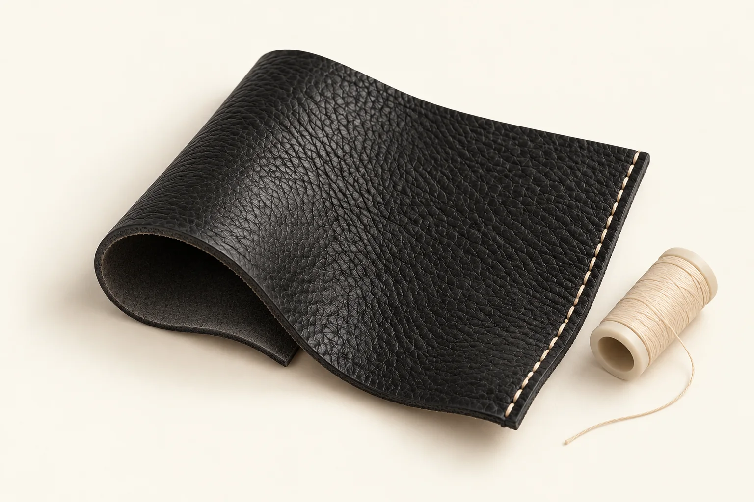 Black leather swatch with contrast edge stitching beside an ivory thread spool