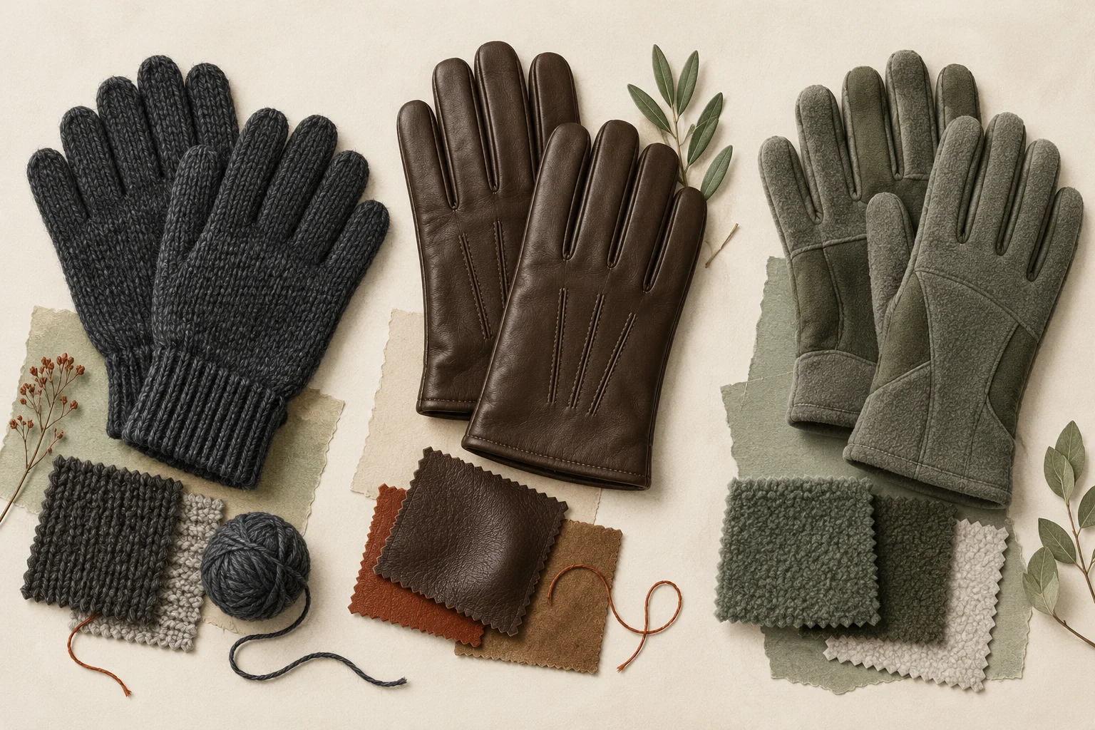 Editorial arrangement of knit, leather and fleece glove pairs with coordinated material swatches