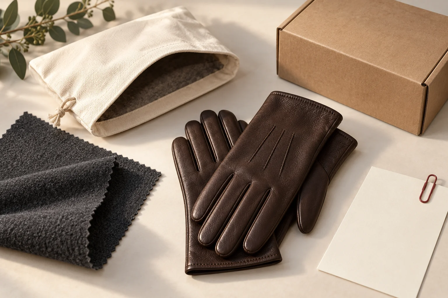Leather glove pair arranged with a sample pouch, shipping box, material swatch and blank review card