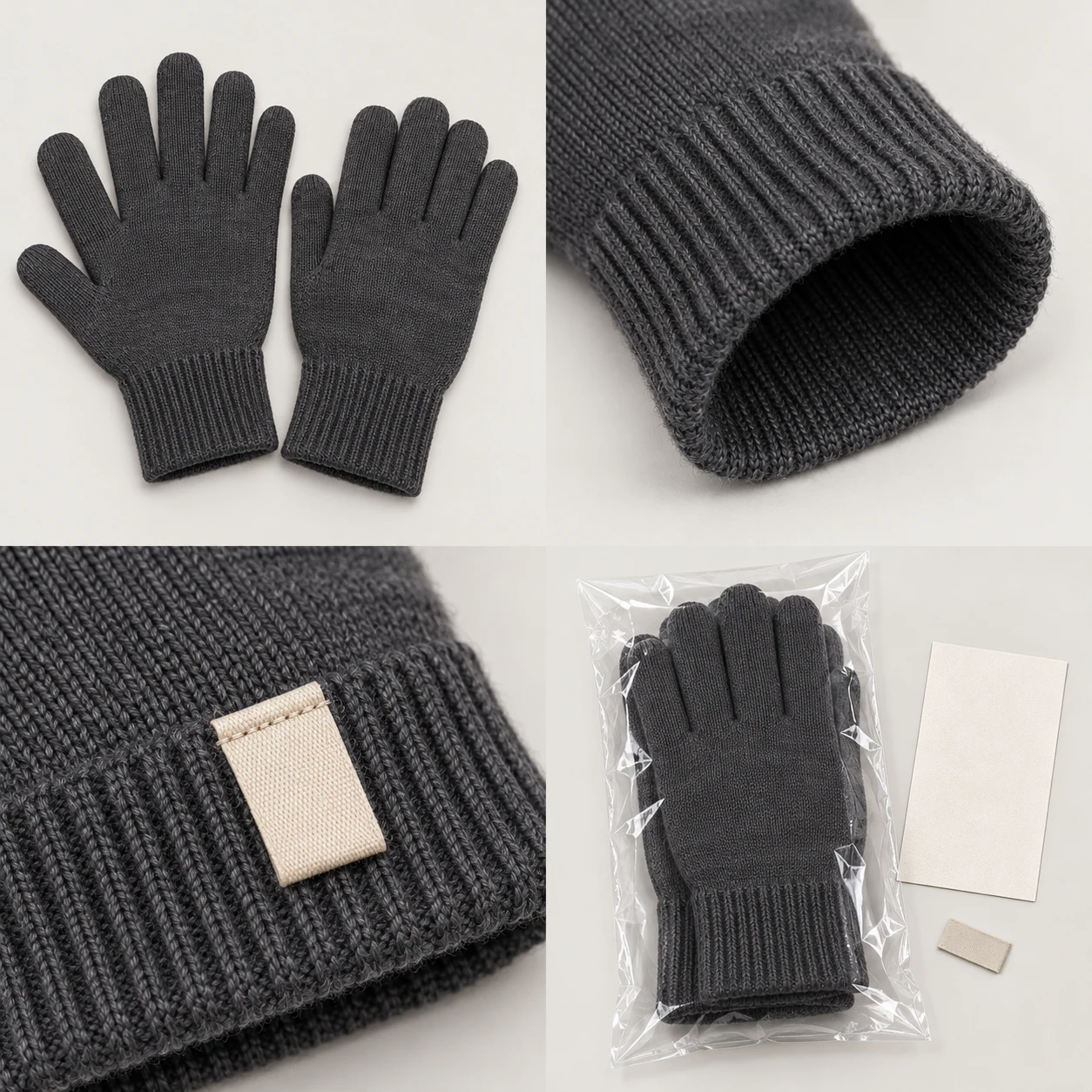 Charcoal knit glove pair, open rib cuff, plain woven label placement and clear pair packaging