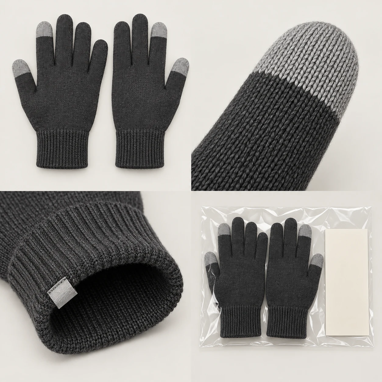 Charcoal knit glove pair with pale thumb and index zones, fingertip knit transition, cuff label and clear pair packaging