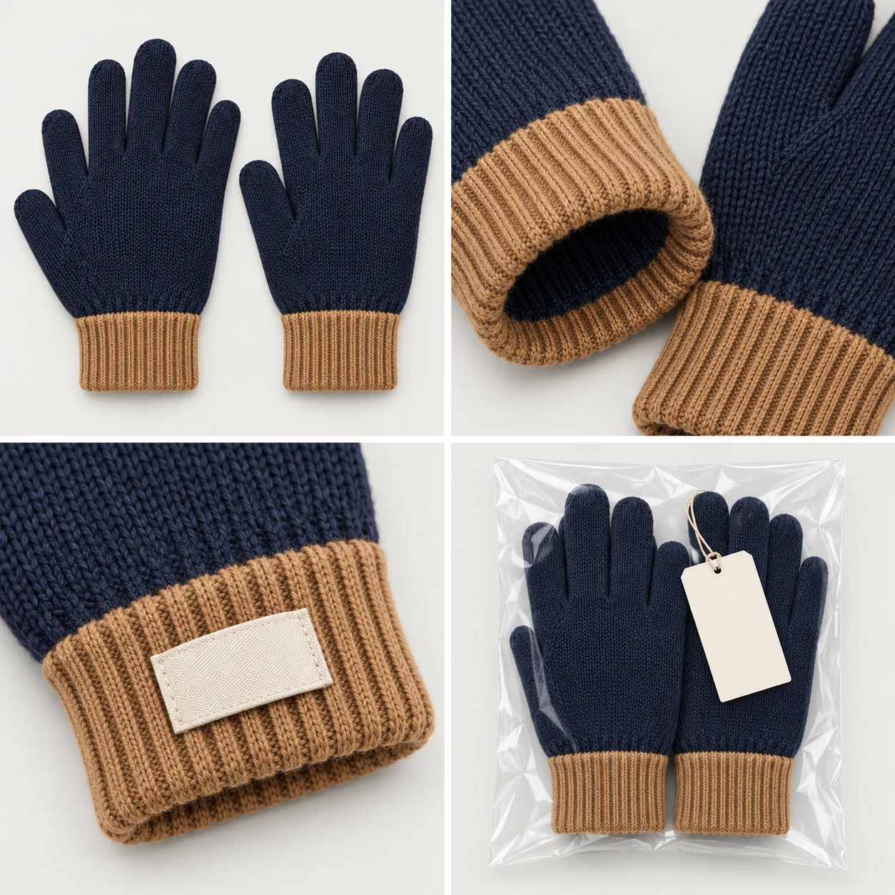 Two-tone Knit development views: navy body & camel cuff, inside color join, contrast cuff label, paired colorway