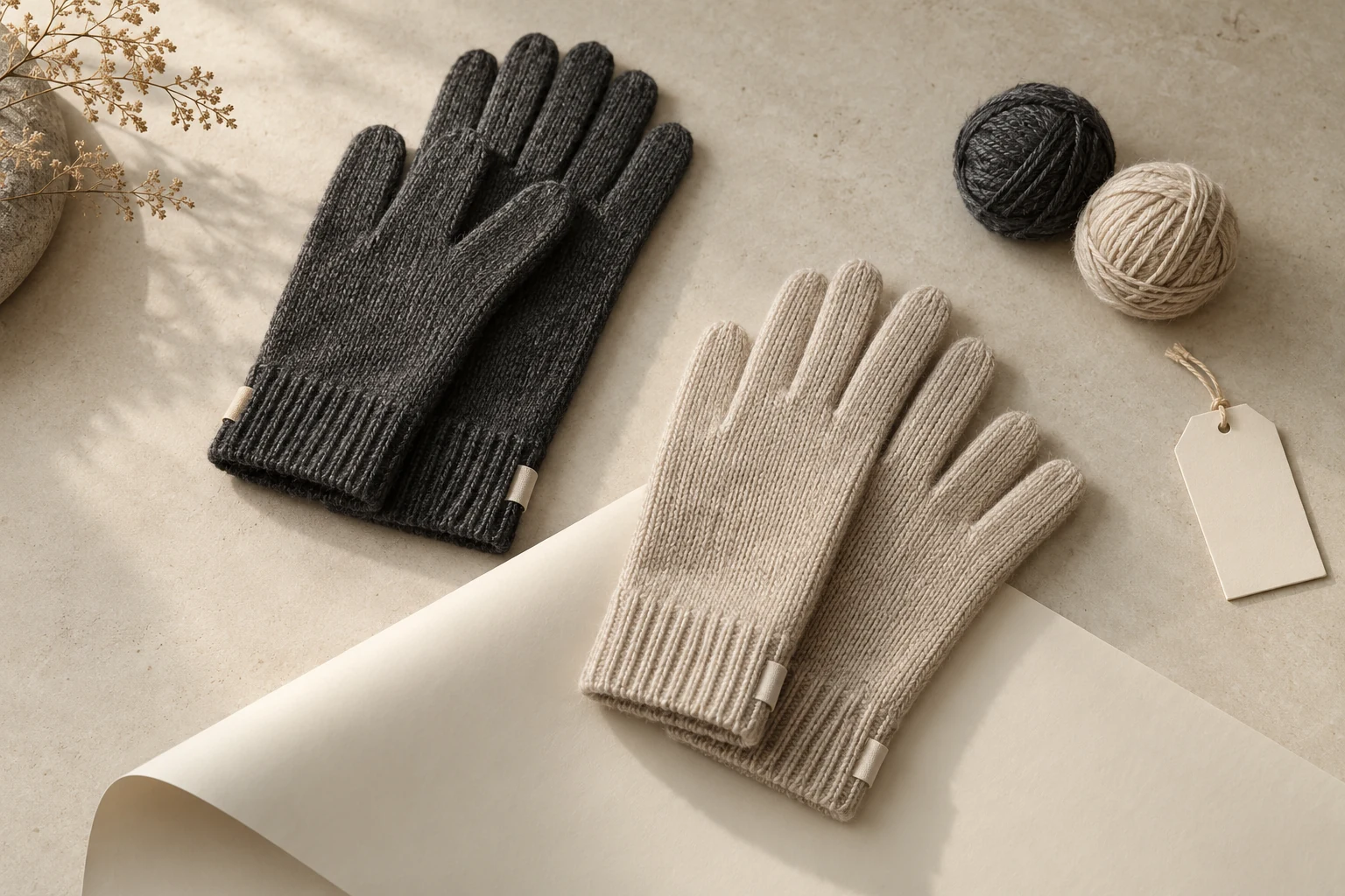 Charcoal and oatmeal knit glove pairs with blank labels and yarn references